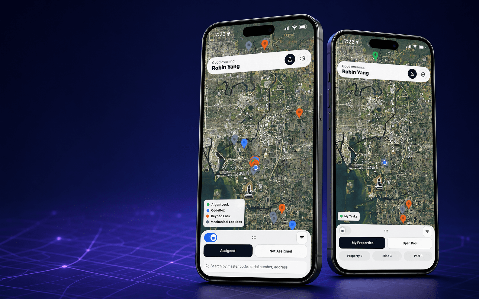AIgentProp mobile app showing property and lock operations on a map